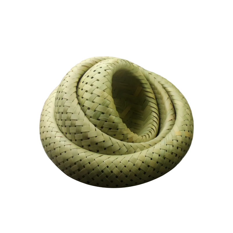 Three sizes of handwoven bamboo baskets, intricate weaving, natural fiber texture, grouped together