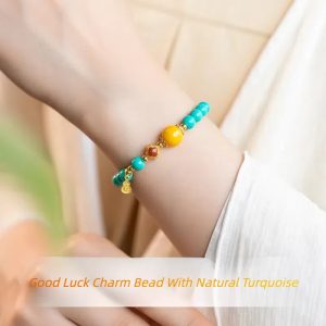 A product image featuring a turquoise beaded bracelet with charm beads, ideal for birthday, Valentine's Day gifts, or self-blessing.