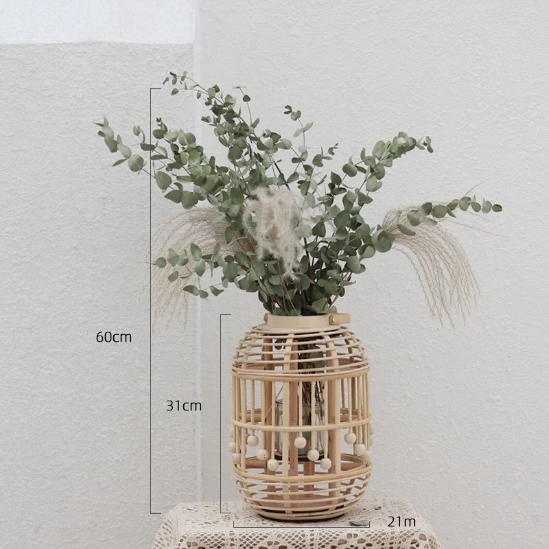 An elegant bamboo-woven floor vase, ideal for home decor and eco-friendly living.